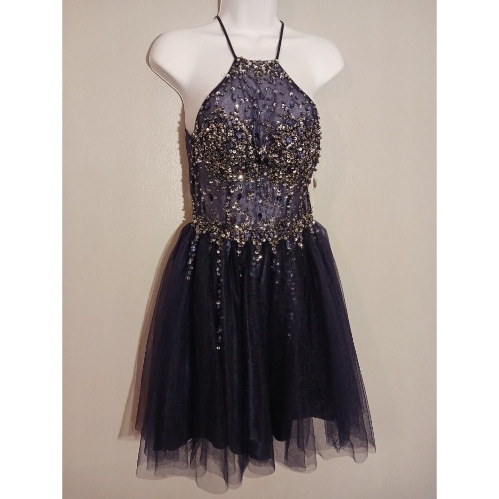 G B juniors Dress Embellished Sleeveless Navy Prom Party Fit Flare mesh bead